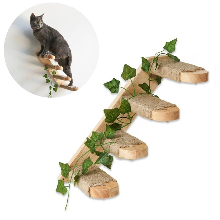 Katzentreppe - Katzenleiter Wandmontage aus Massivholz mit Juteseil und Dekorativen Blättern - Katze