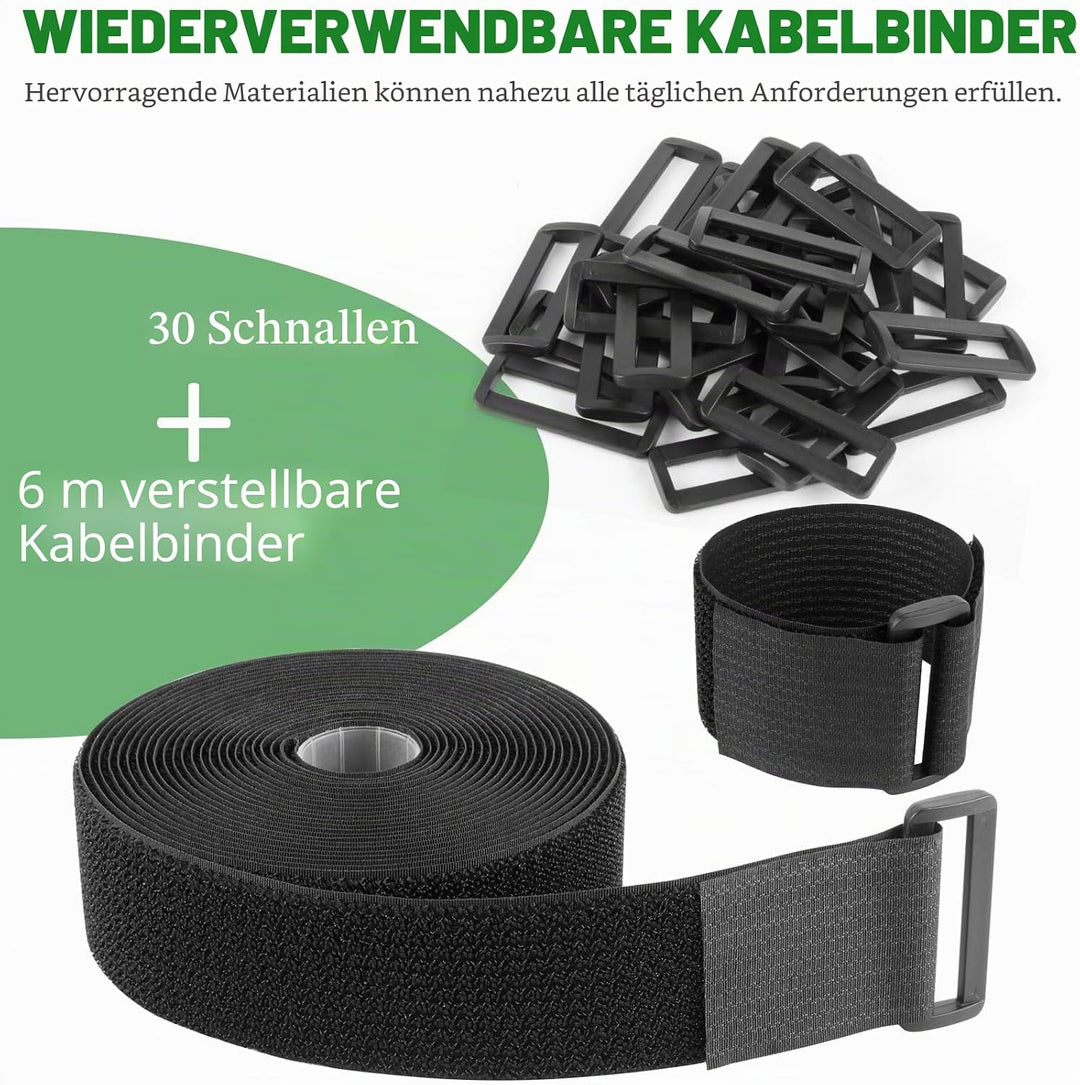 6m klettband kabelbinder mit 30 Schnalle, Frei Zuschneidbar Klettverschluss Band - 5cm Breit, wieder