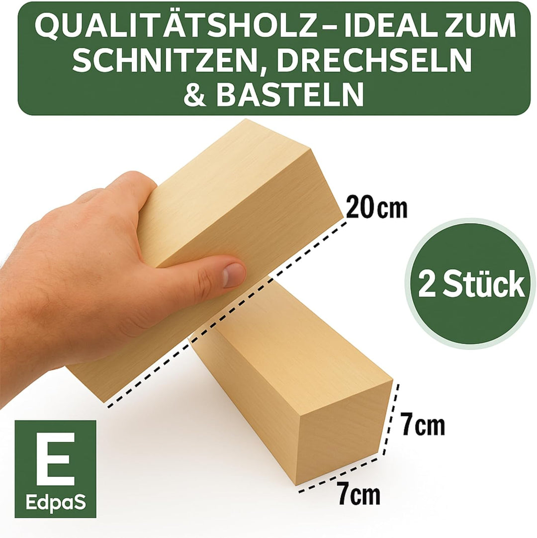 EdpaS Schnitzholz Grosses Lindenholz - 2er Set Holzblock (20x7x7cm) - Drechselholz - Schnitzholz Lin