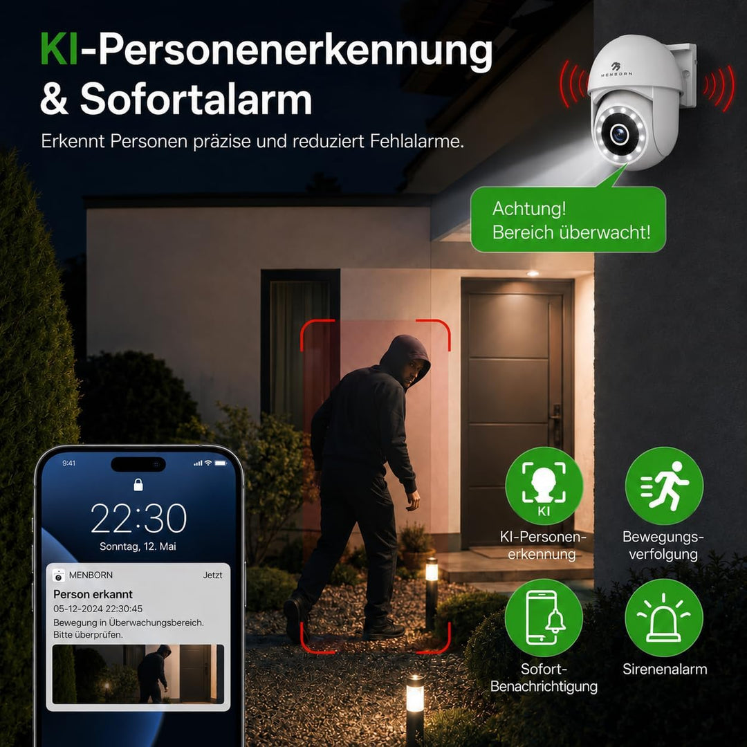 Menborn Überwachungskamera Aussen 2.5K/4MP, Aktualisierte Kamera Überwachung 360° mit Starlight Farb