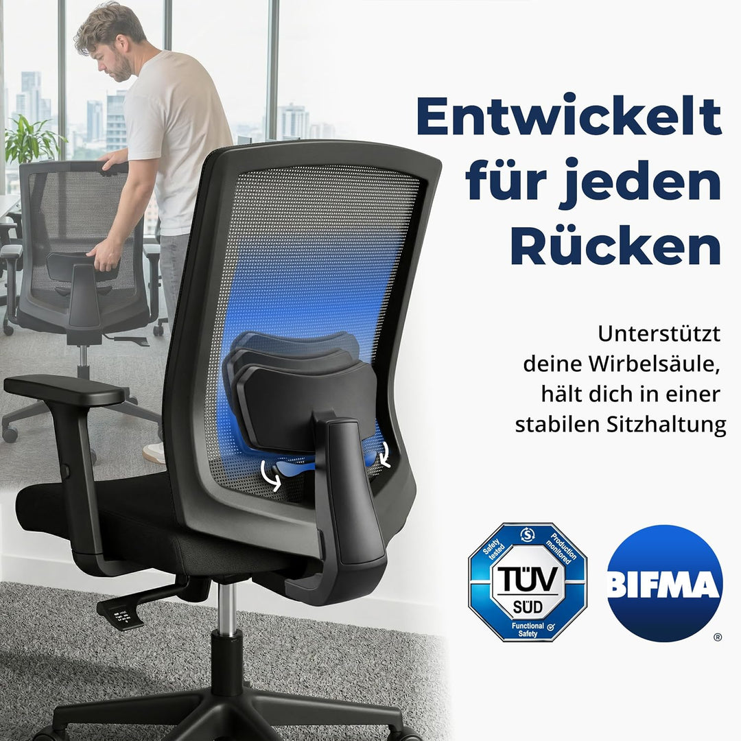 Backerz Bürostuhl Ergonomisch, Schreibtischstuhl mit Verstellbarer Lendenstütze, Büro Stuhl &amp; Drehst