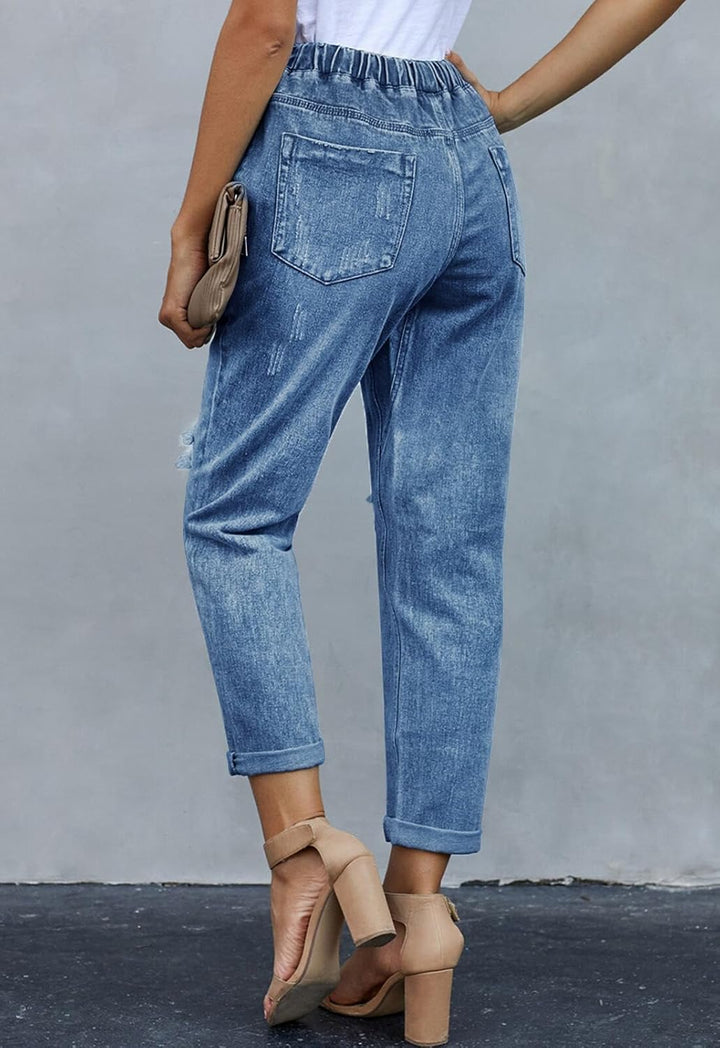 Alaster Queen Jeans Damen Lässig High Waist Jeans Baggy Jeans Damen Knie Zerrissen Jeans 209-blau S,