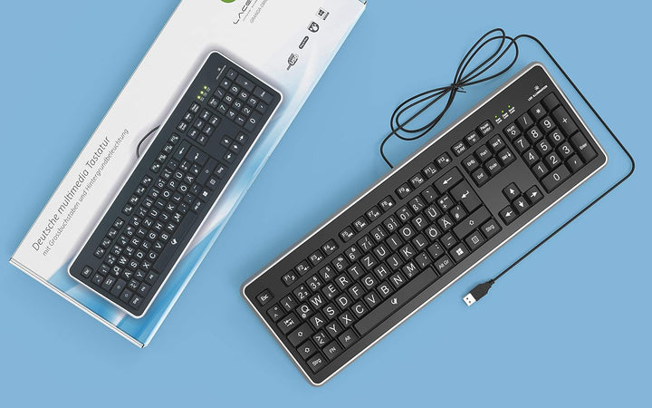 Lacerto® | Deutsche Tastatur (QWERTZ) mit grossen Buchstaben, weisser LED-Beleuchtung &amp; USB-Anschlus