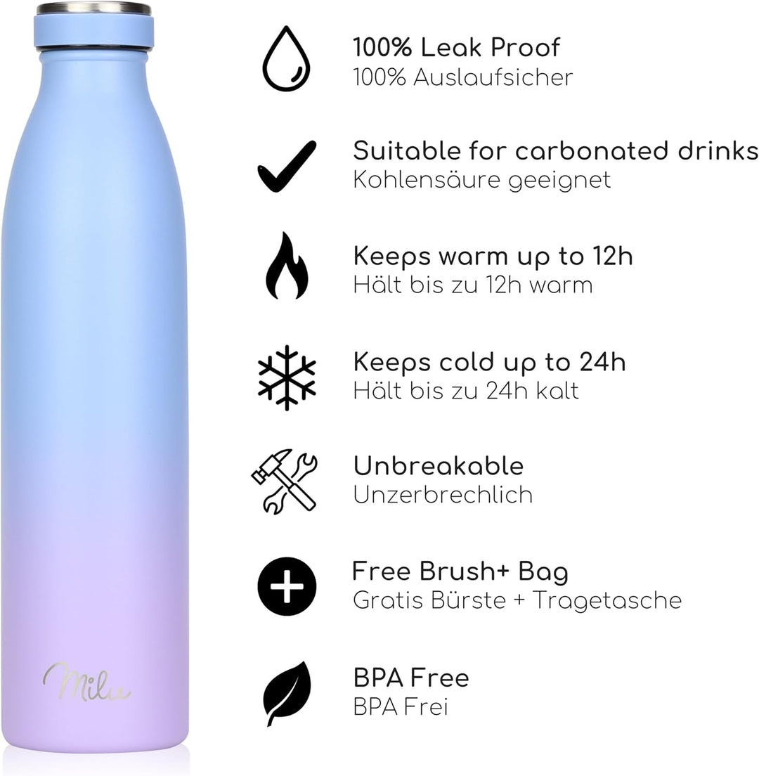 Milu Edelstahl Trinkflasche 350ml, 500ml, 750ml, 1L, 1,5L – Thermosflasche für Kinder Erwachsene aus