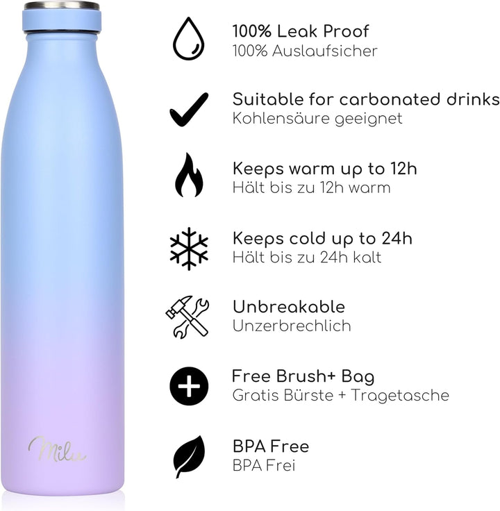 Milu Edelstahl Trinkflasche 350ml, 500ml, 750ml, 1L, 1,5L – Thermosflasche für Kinder Erwachsene aus
