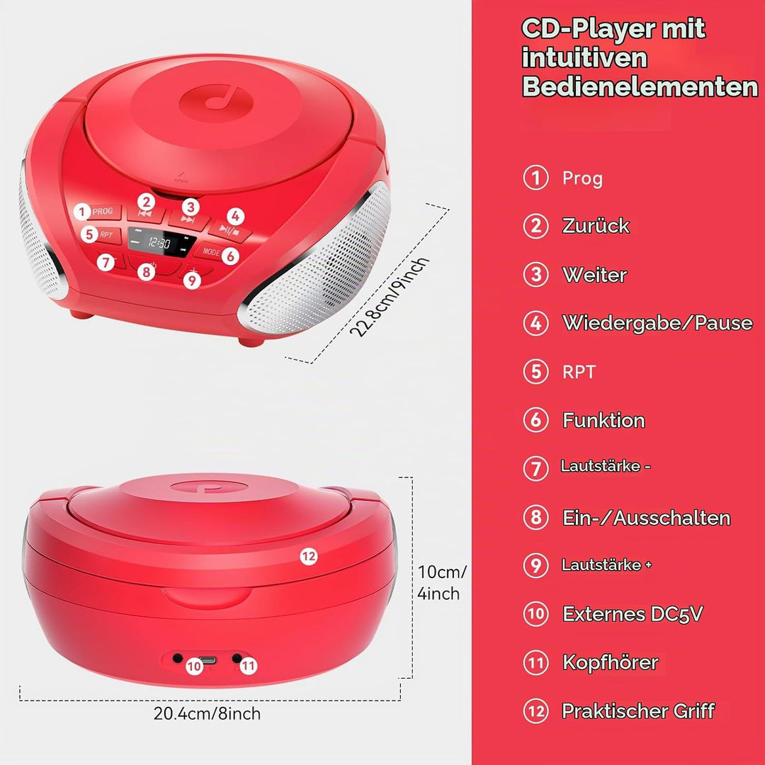 Gueray CD Player Tragbar Boombox Radio mit CD-Player CD Spieler mit Lautsprecher Display Unterstützu