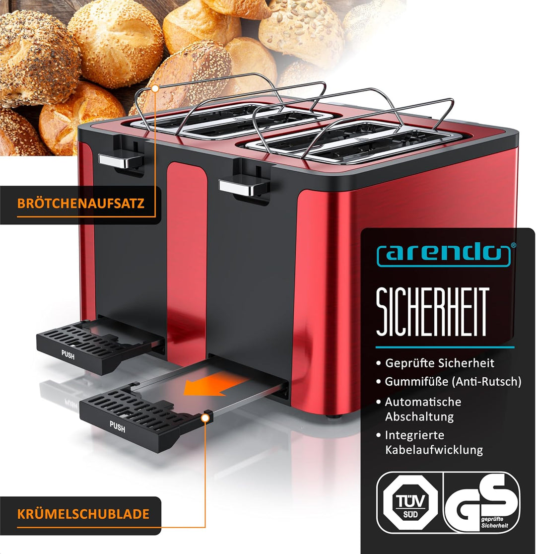 Arendo - Toaster 4 Scheiben Edelstahl - mit Brötchenaufsatz - 4 Schlitze - LED Anzeige Restzeitanzei