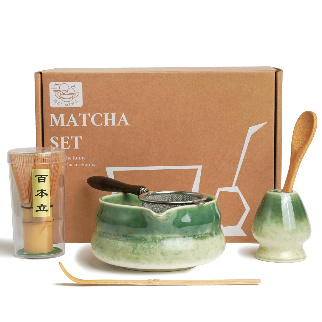 Premium Matcha Set 6-teilig – Exklusives Matcha Tee Set mit Bambus-Chasen (Besen), Dunkelgrün Kerami