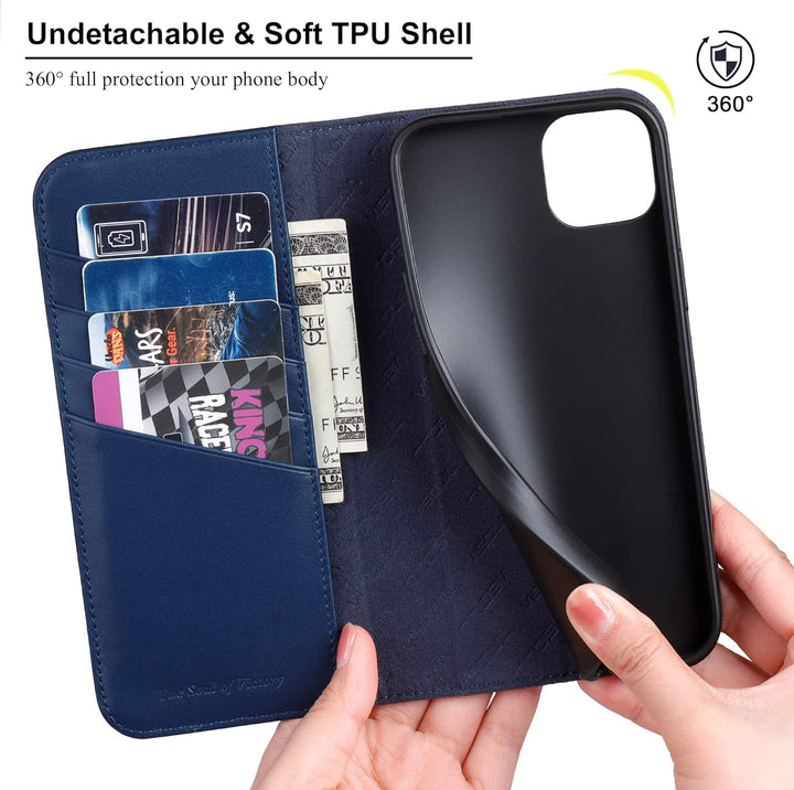 VISOUL iPhone 14 Plus Hülle, Handyhülle [100% Carbon Leder] [RFID Schutz] [Schützt vor Stoss] [Stand