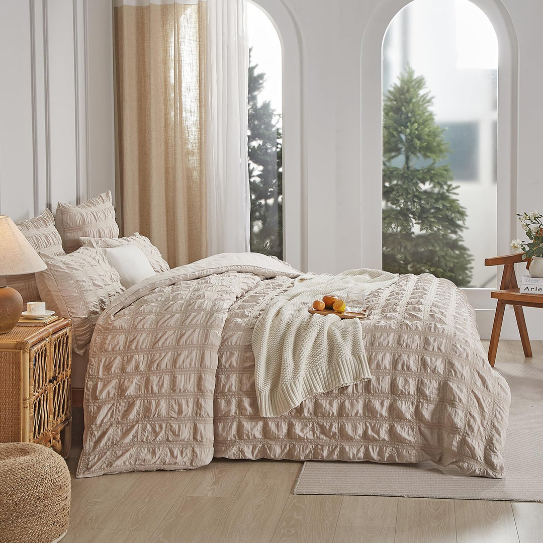 Luofanfei Beige Seersucker Bettwäsche 135x200 Sommer Kühlende Gestreiftes Karierte Uni Muster Sommer