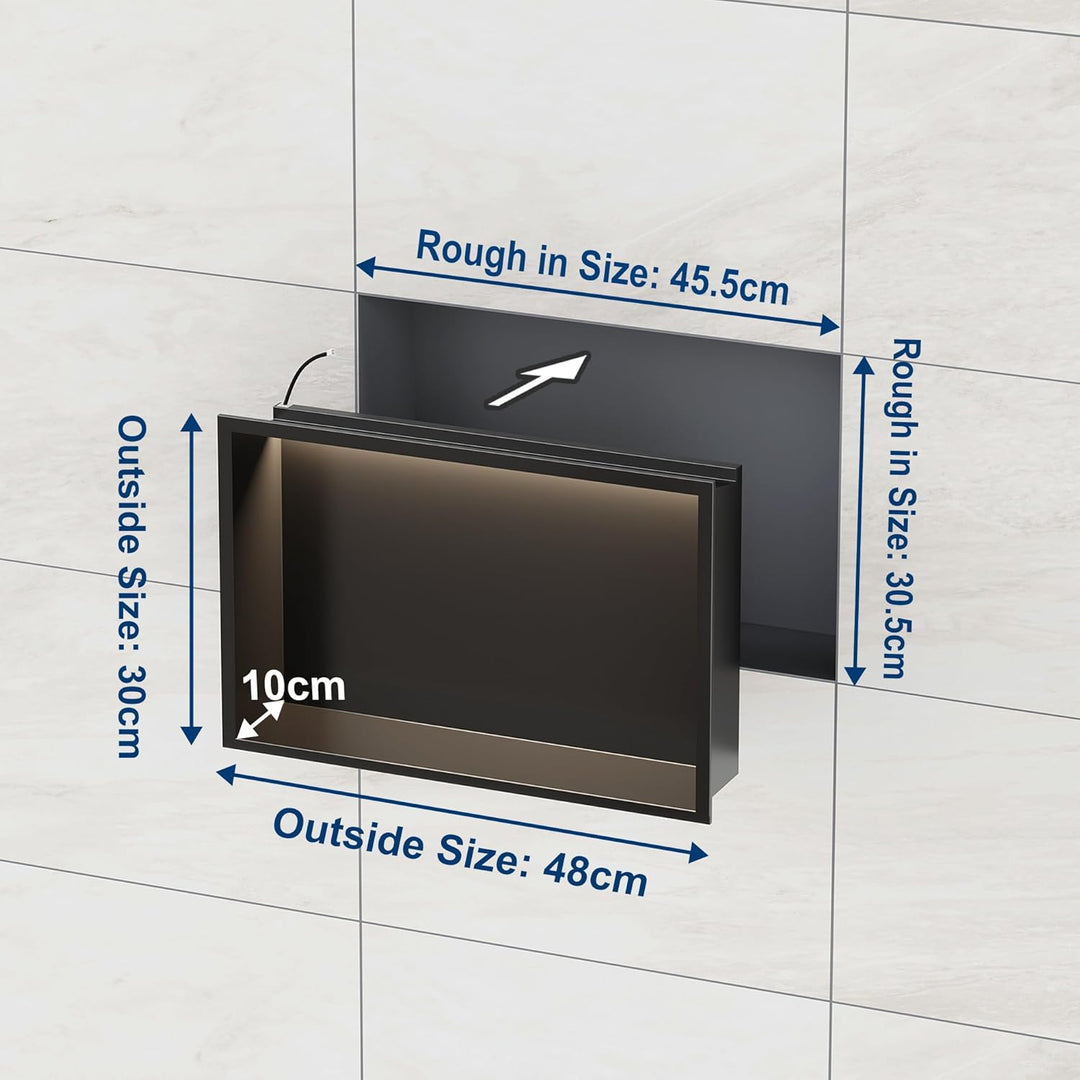 Wandnische Dusche 304 Edelstahl mit LED-Beleuchtung, Einbau-Duschnische Schwarz Einzelregal Lagerung