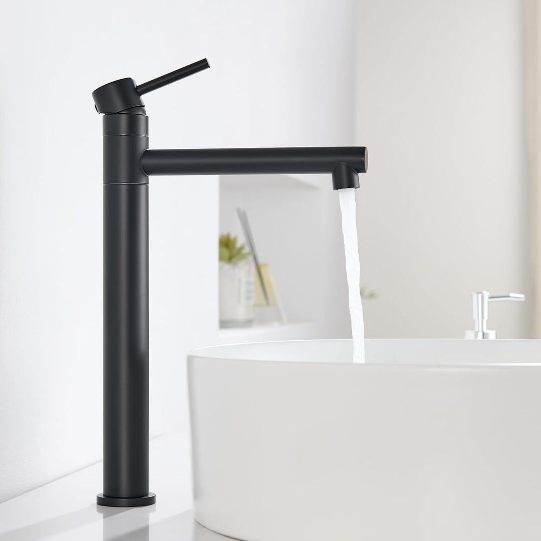 Waschtischarmatur Hoch, Wasserhahn Bad Schwarz Matt für Aufsatzwaschbecken, 360° Schwenkbar Armatur