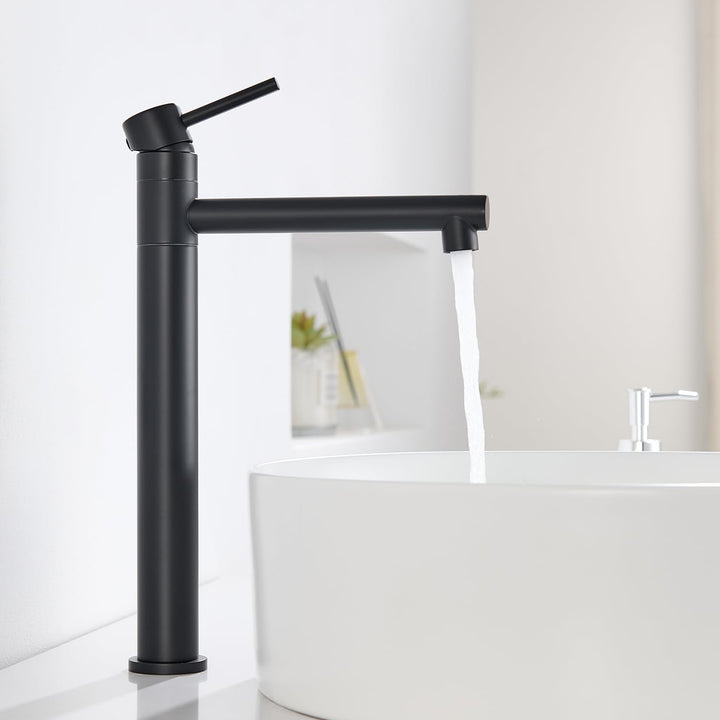 Waschtischarmatur Hoch, Wasserhahn Bad Schwarz Matt für Aufsatzwaschbecken, 360° Schwenkbar Armatur