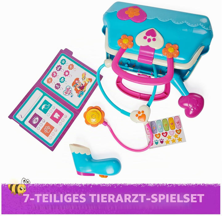 Vida The Vet, Tierarzttasche mit 5 Tierarzt Kit Zubehör, 1 Popcorn Plüschtier und Aufkleber, für Kos