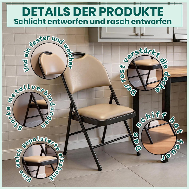 Klappstuhl 6er Set mit gepolstertem PU-Leder und Griff, Ultraviolette Geschosspolster&Stabilem Metal