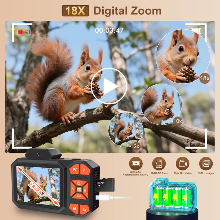 4K Digitalkamera, HD 48MP 18X Zoom Anti-Shake-Autofokus Kinderkamera mit 32G Karte, Point-and-Shoot-