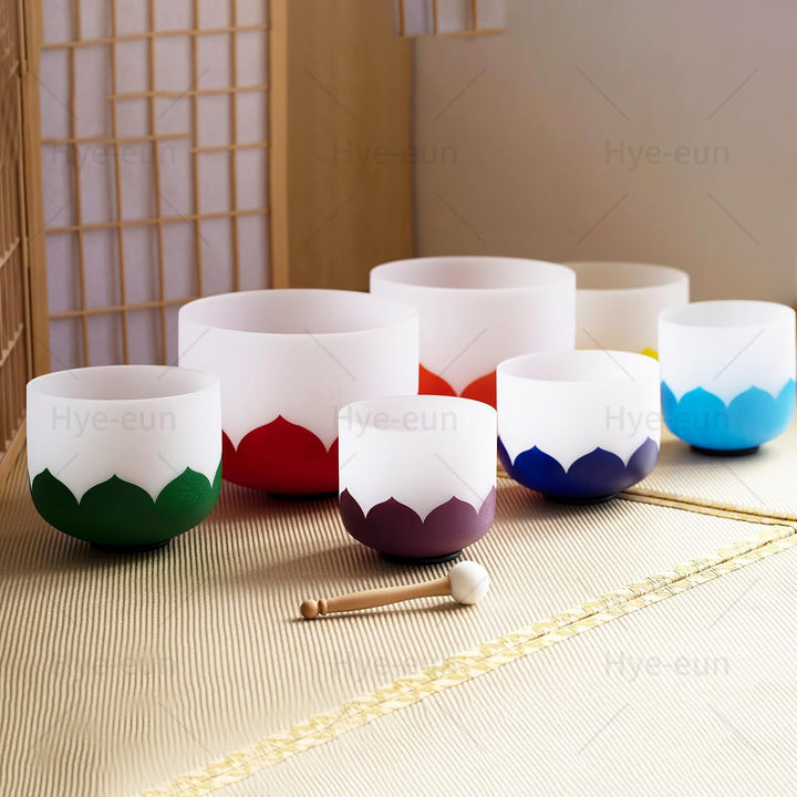 Hye-eun Kristall Klangschale Set,7-12 Zoll 432hz Lotusblumen Klangschalen Set 7 Chakren für Meditati