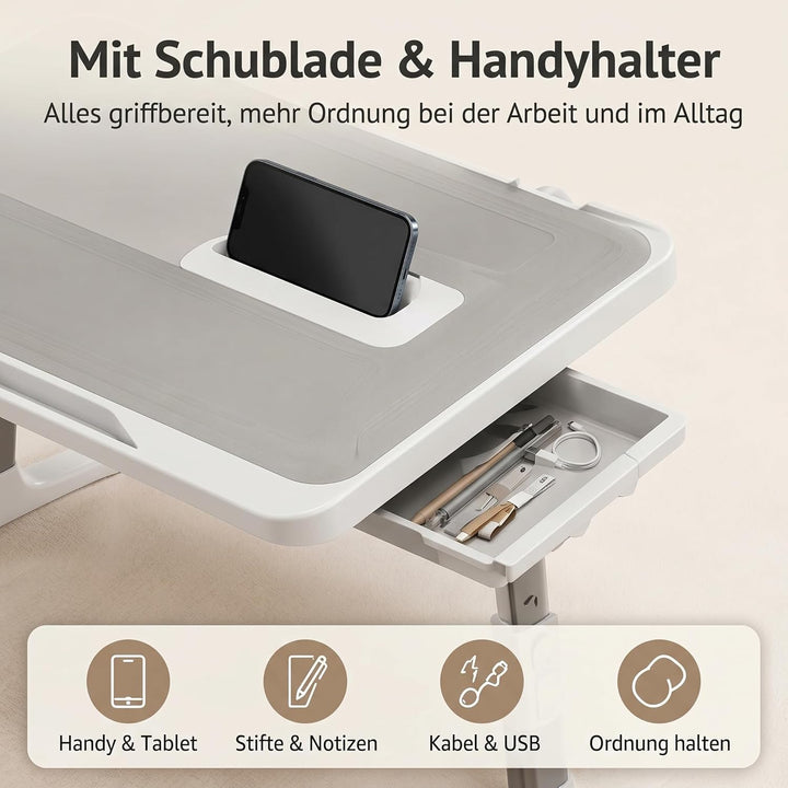Faltbarer Laptoptisch Bett, Höhen Winkelverstellbarer Betttisch | Schublade &amp; USB, Laptop Ständer fü