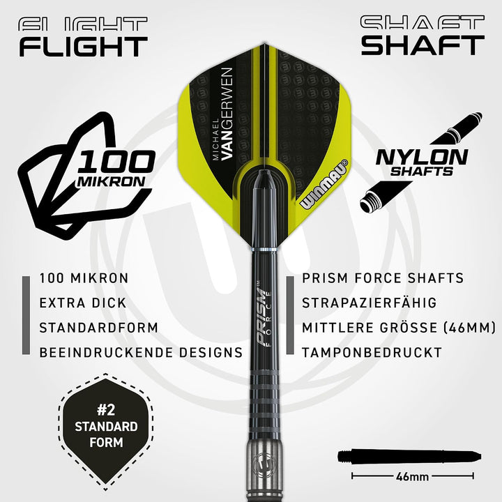 WINMAU Michael van Gerwen MvG Authentic Wolfram Steeltip Dart-Set mit Prismen-Flights und Schäften (