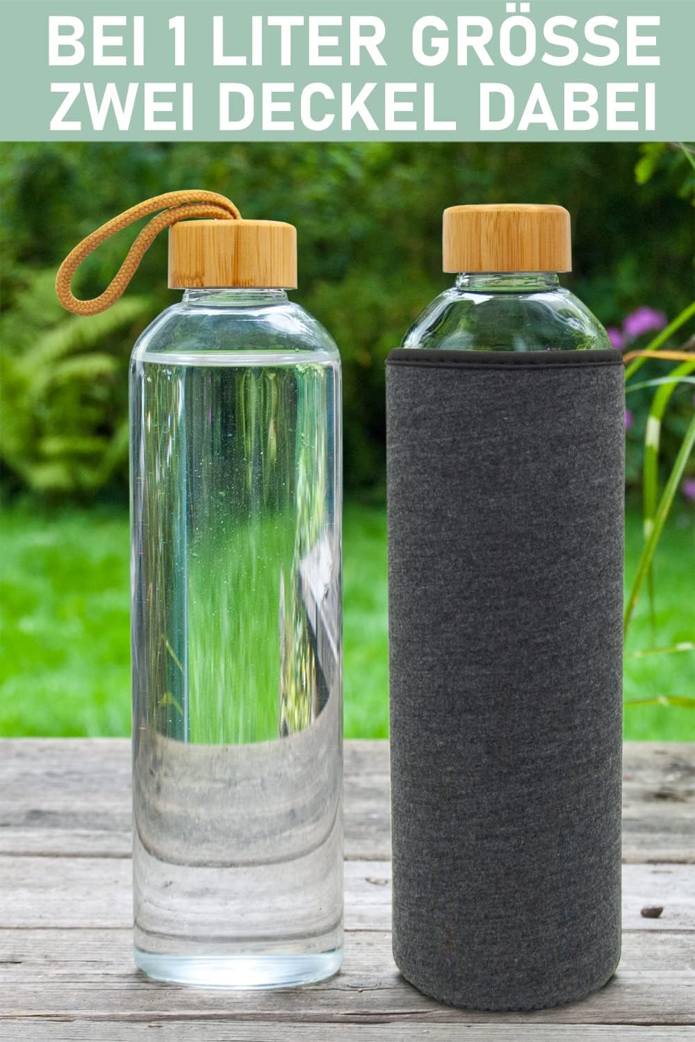 T&N Glasflasche 1 Liter / 750ml / 500ml – Trinkflasche Glas 1l mit Neoprenhülle – Wasserflasche Ausl