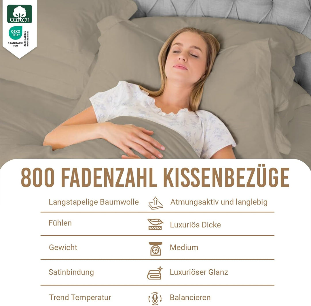 Pizuna Luxuriöser Kopfkissenbezug 50x75 cm 2er Set Einfach Taupe, 800 Fadenzahl Baumwolle Kissenbezü