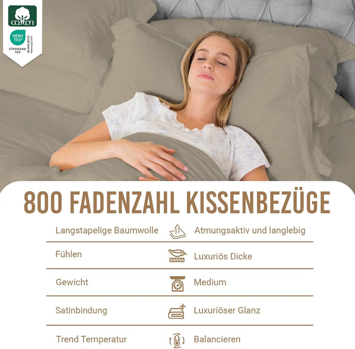 Pizuna Luxuriöser Kopfkissenbezug 50x75 cm 2er Set Einfach Taupe, 800 Fadenzahl Baumwolle Kissenbezü