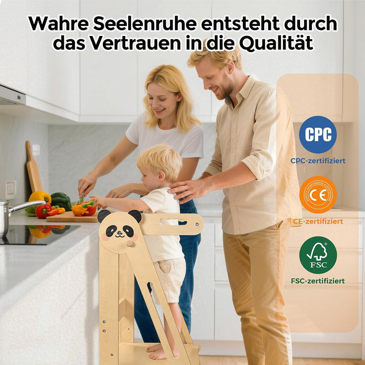 Lernturm Klappbar ab 1 Jahr, Montessori Lernturm aus Holz für Kinder, Höhenverstellbarer Learning To