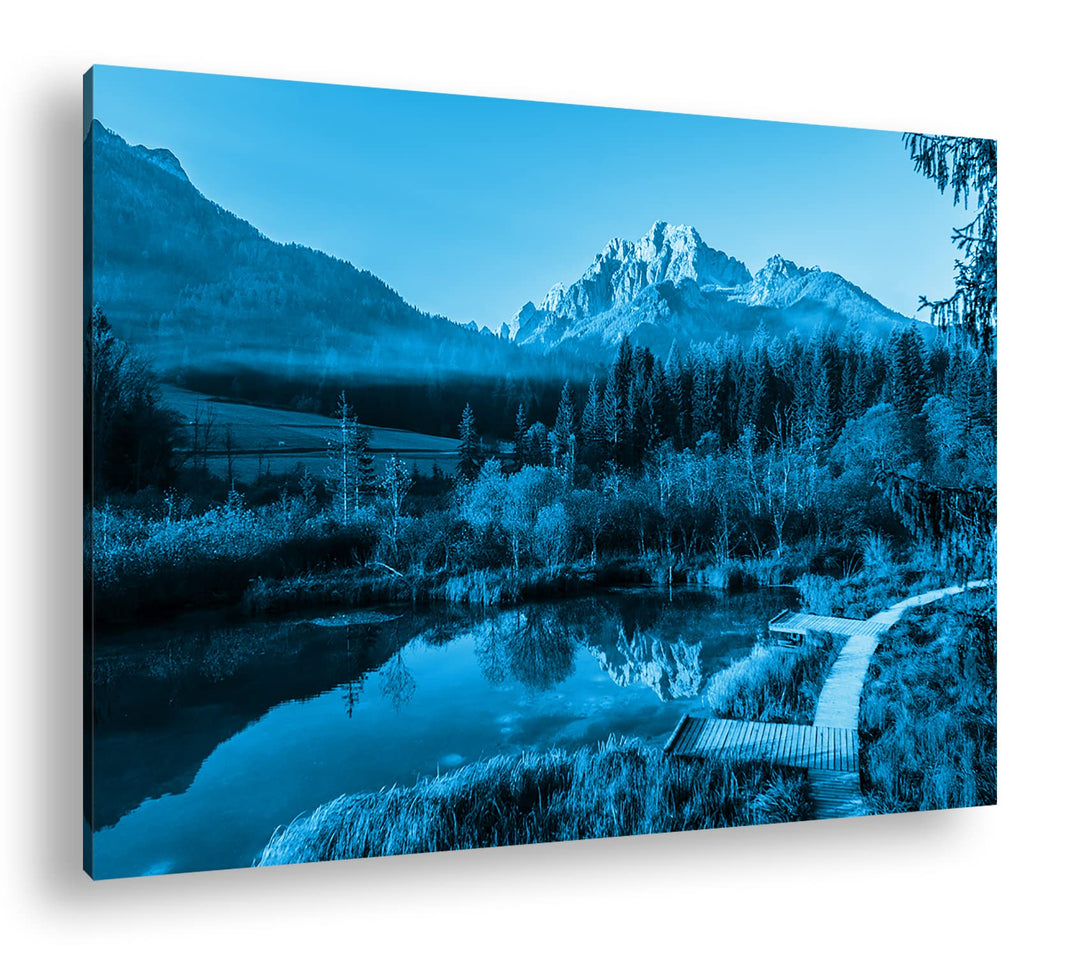 deyoli stiller See im Tal Format 80x60 Effekt: Monocrome Blau als Leinwandbild, Motiv fertig gerahmt