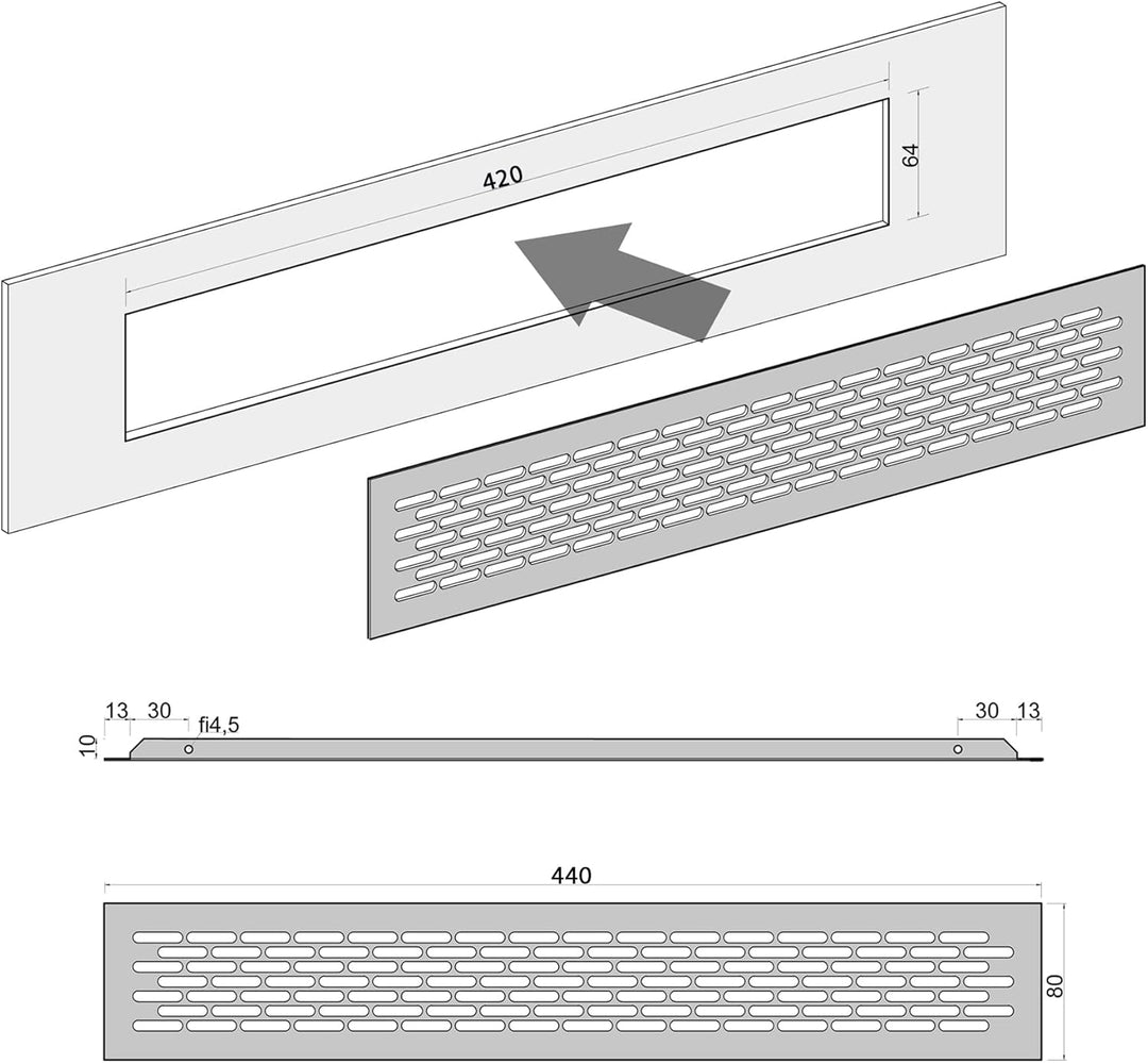sossai® Aluminium Lüftungsgitter - Alucratis (1 Stück) | Rechteckig - Masse: 44 x 8 cm | Farbe: Alum