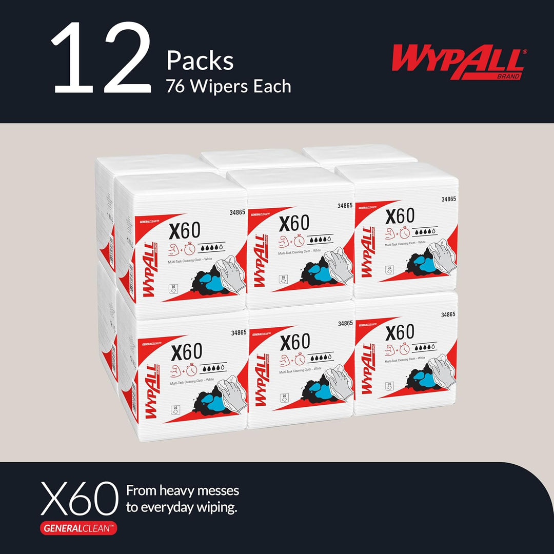WYPALL* X60 1/4-gefaltete Tücher 6034 – 12 Packungen mit jeweils 76 viertelgefalteten, weissen Tüche