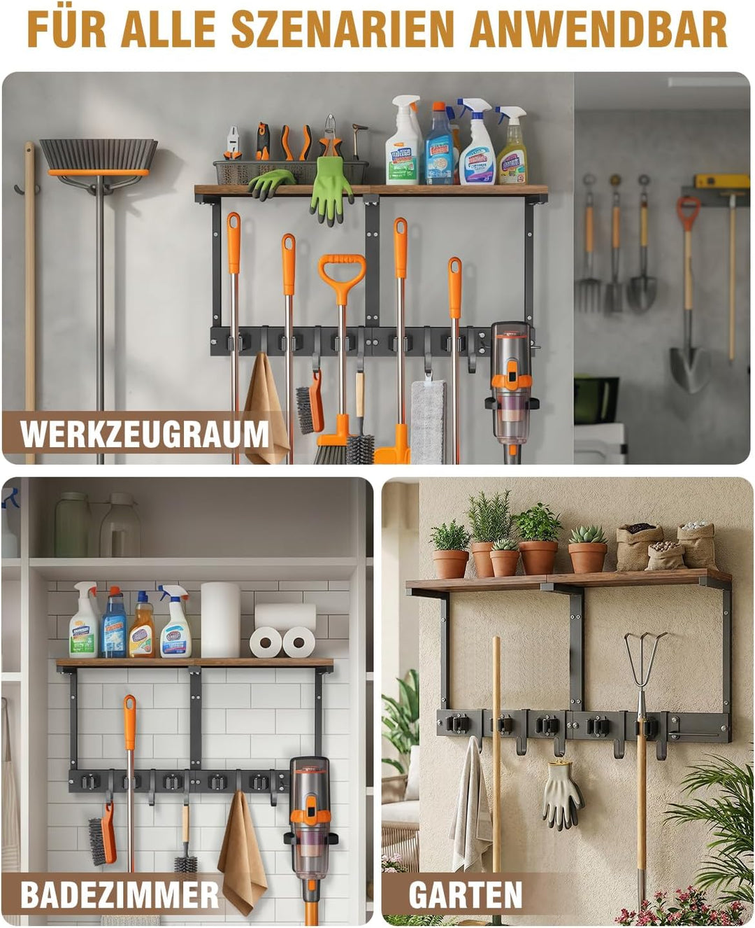 Supforce Besenhalter Wandmontage mit Holzablage, robuster Gerätehalter aus Metall mit Staubsaugerhal