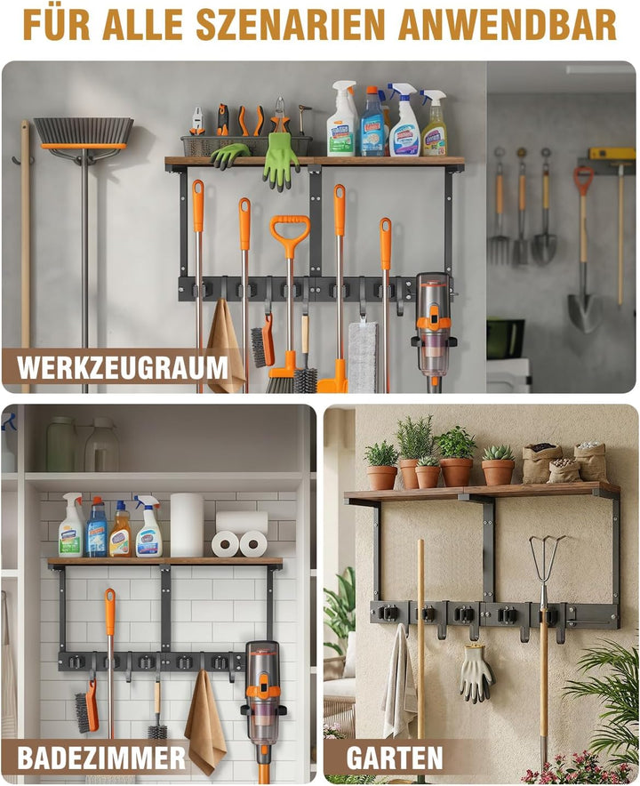 Supforce Besenhalter Wandmontage mit Holzablage, robuster Gerätehalter aus Metall mit Staubsaugerhal