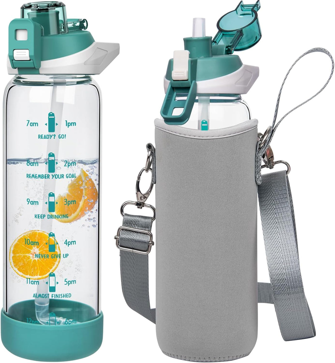 Seekua 0.8l Sport Trinkflasche Glas Flasche mit Strohhalm & Zeitmarkierung 800ml auslaufsicher bpa f