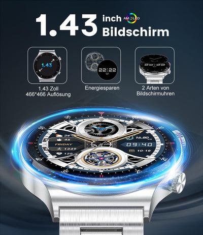 Smartwatch Herren mit Telefonfunktion,1,39 Zoll Smart Watch mit Herzfrequenz Schlafmonitor SpO2 Noti