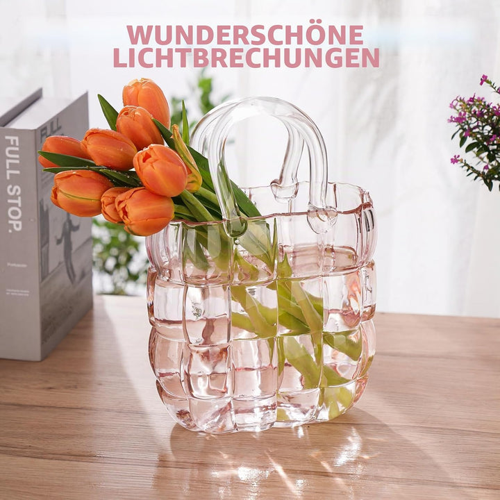 NiHome Glas-Geldbörsen-Vase, rosa Glas-Taschen-Vase mit Griff, Handtaschen-Form, Vase für Blumen, Ba