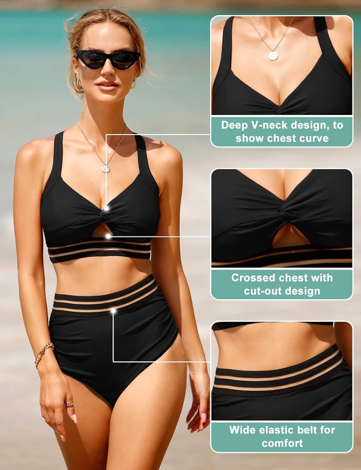 UMIPUBO Bikini Damen Bauchweg, High Waist Push Up Bikini Sets Zurück kreuzen Grosse Brüste Bademode