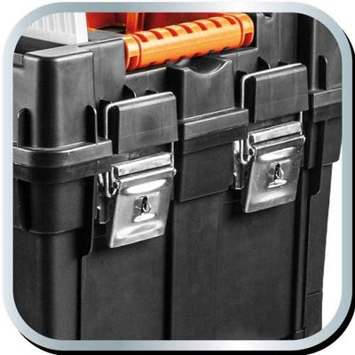 NEO TOOLS Werkzeugkoffer auf Rädern, mobile Werkstatt 40x40x70,5 cm, vier Organizer, vier Ergoboxen