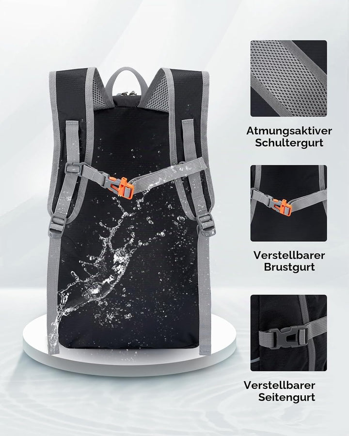 WATERFLY Faltbarer Rucksack Ultraleicht Wanderrucksack: 25L Leichter Tagesrucksack Sportlich Packabl