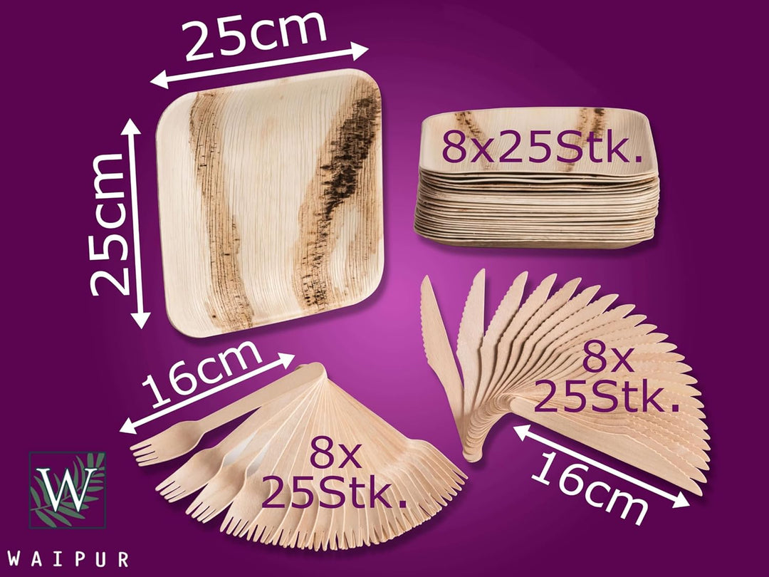 Waipur Bio Palmblatt Teller mit Holzbesteck - je 200 grosse Teller, Messer und Gabeln - Premium Einw