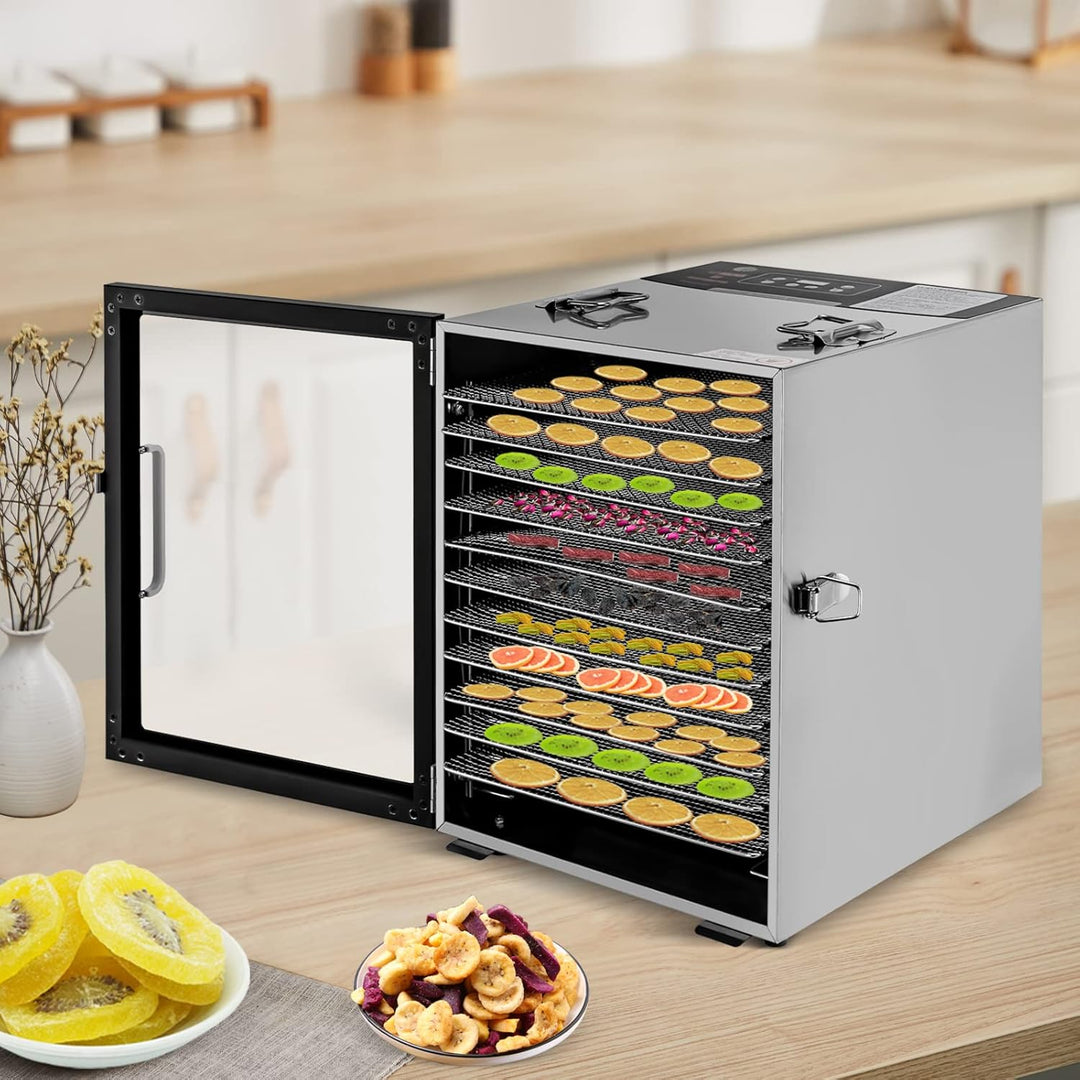 Lebensmittel-Dörrautomat aus Edelstahl, 800W Dörrgerät mit 12 Einschüben, 30-80°C Temperaturregelung