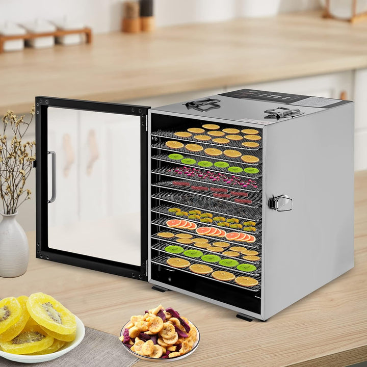 Lebensmittel-Dörrautomat aus Edelstahl, 800W Dörrgerät mit 12 Einschüben, 30-80°C Temperaturregelung