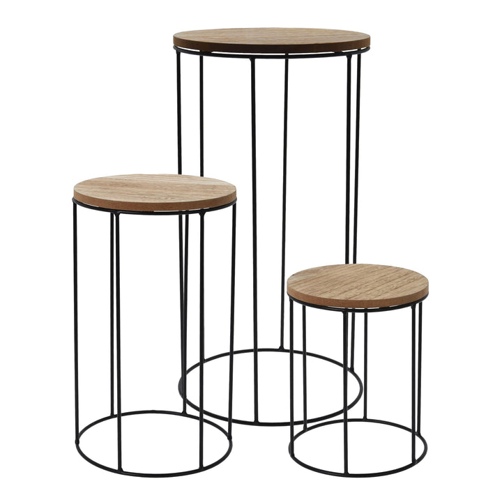 Holz Blumenhocker rund 3er Set - Ø 16 / 18 / 21 cm - Pflanzenständer mit Metall Gestell - Blumensäul