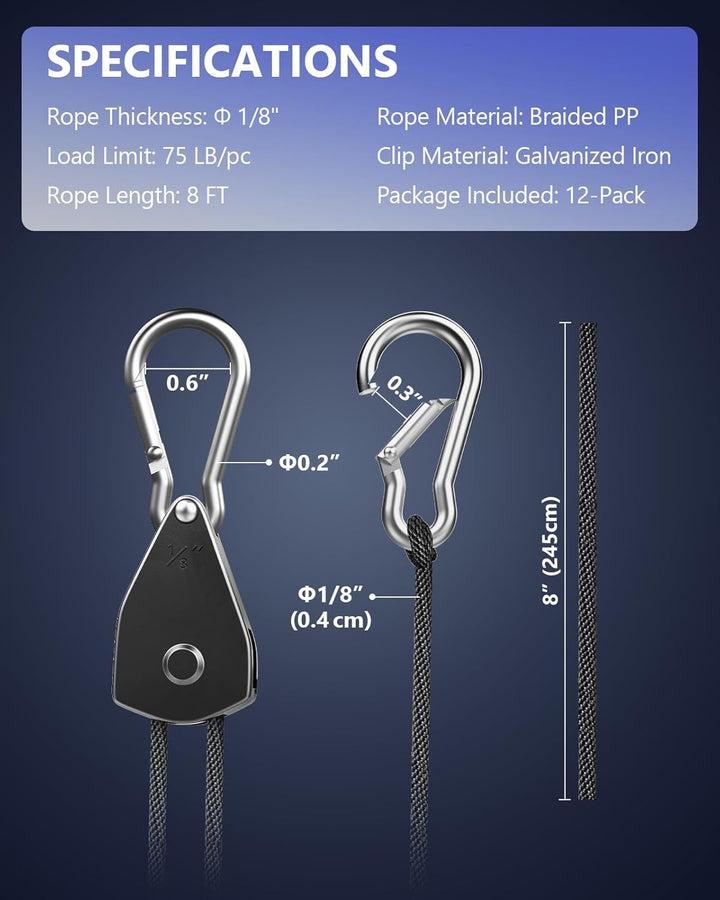 VIPARSPECTRA Verstellbar Seilspanner 12 Stück, Robust Spanngurte mit Ratsche Haken Verstellbar, 1/8"