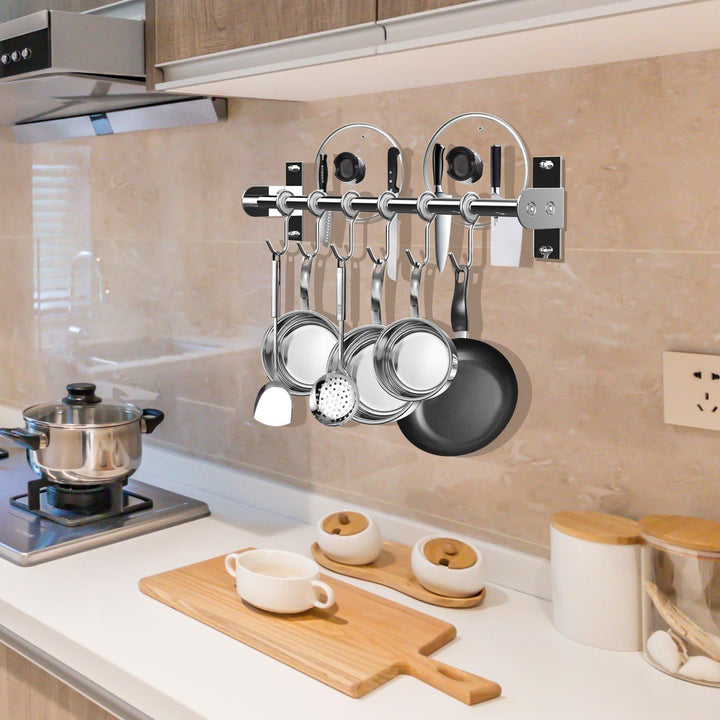Hängeleiste Küchenreling, Küchenhakenleiste 6 Haken mit Messerhalter und Topfdeckel Halter, Edelstah