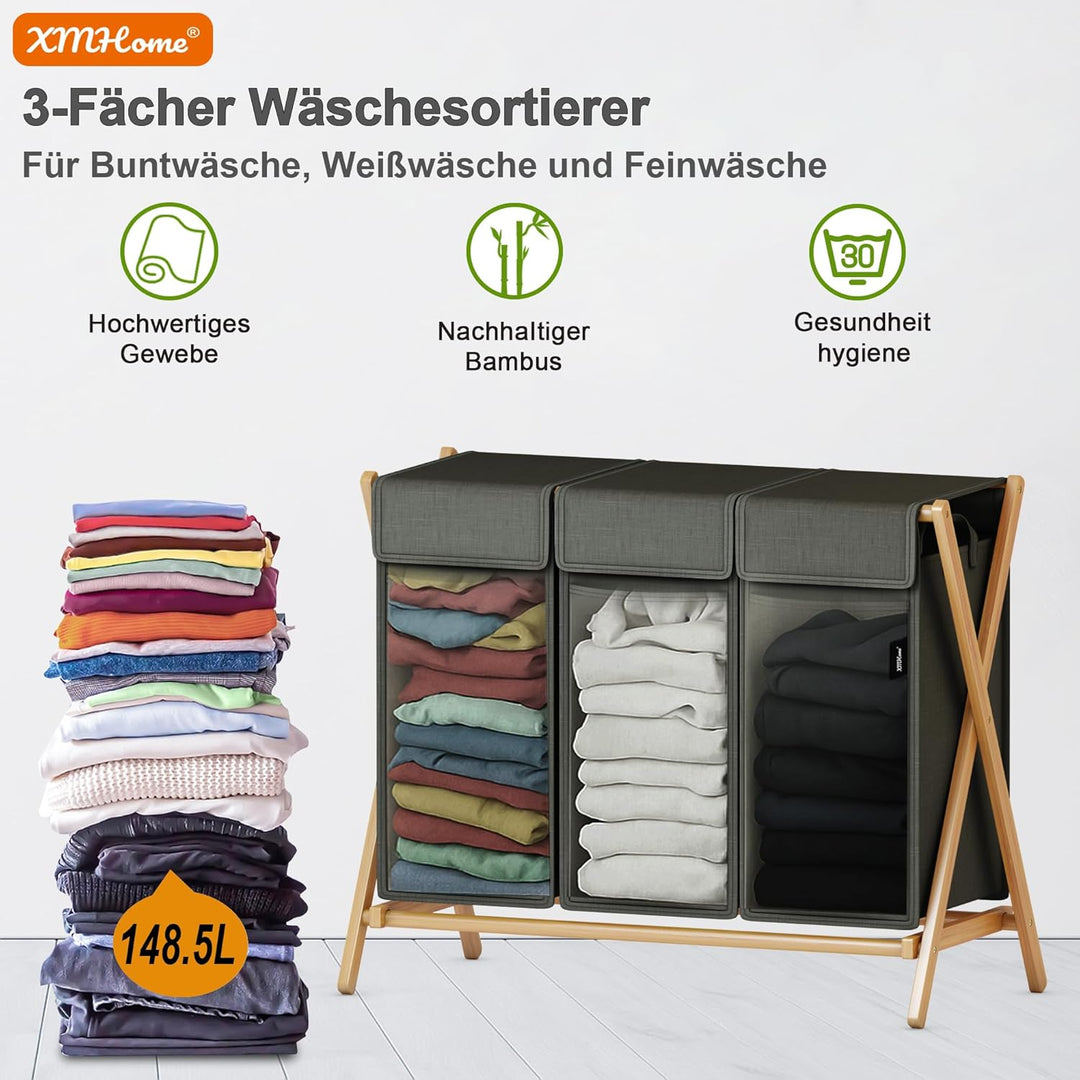 Faltbarer Wäschekorb 148L mit 3 Fächern,Bambus Wäschesammler,X-förmiges Wäsche Sortiersystem mit Dec