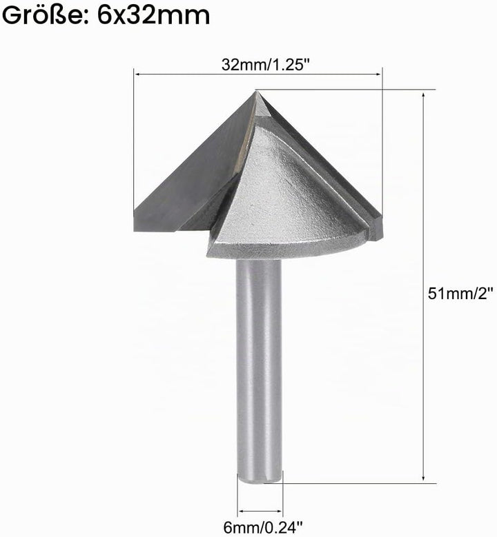 sourcing map 90 Grad V Nut Fräser 32 mm Durchmesser mit 6 mm Schaft Titanstahl bestückter V Nut Bit
