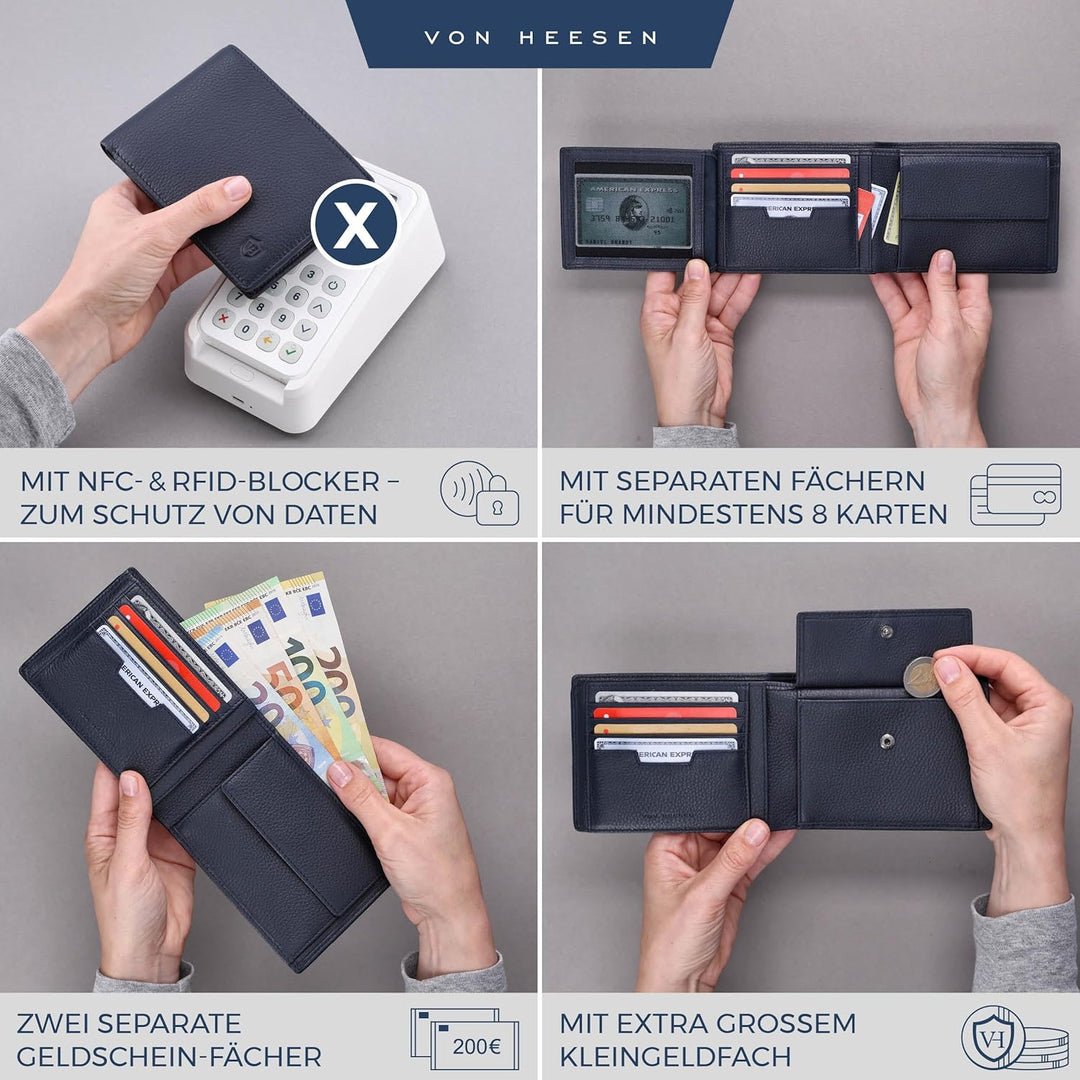VON HEESEN Leder Geldbörse Herren mit RFID Schutz I Echtleder Geldbeutel für Männer I Münzbörse Port