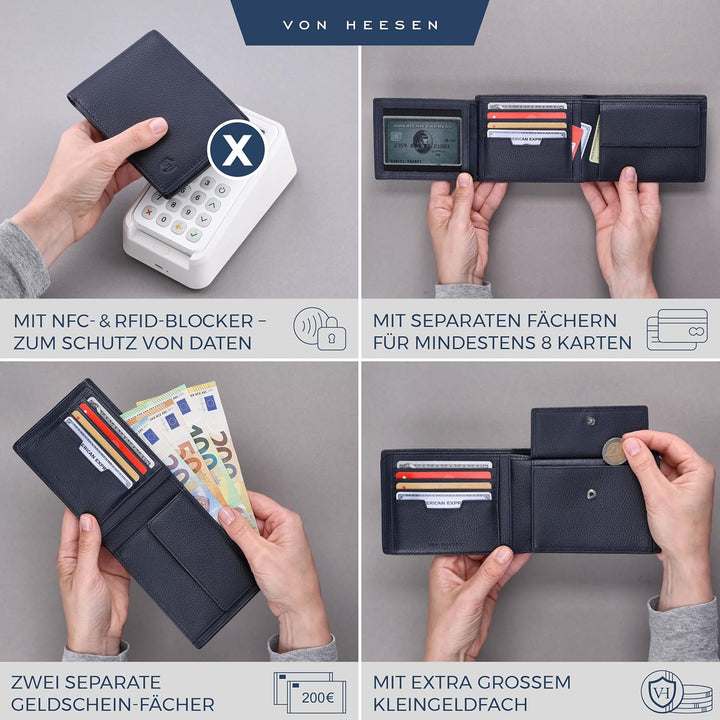 VON HEESEN Leder Geldbörse Herren mit RFID Schutz I Echtleder Geldbeutel für Männer I Münzbörse Port