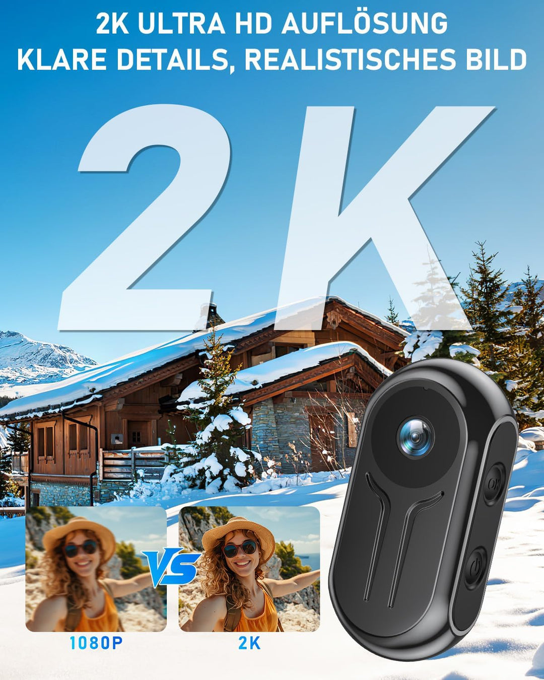 Action Cam mit WiFi 2K Ultra-HD, Bodycam Körperkamera Mini 120° Weitwinkel, POV Kamera mit Bildschir