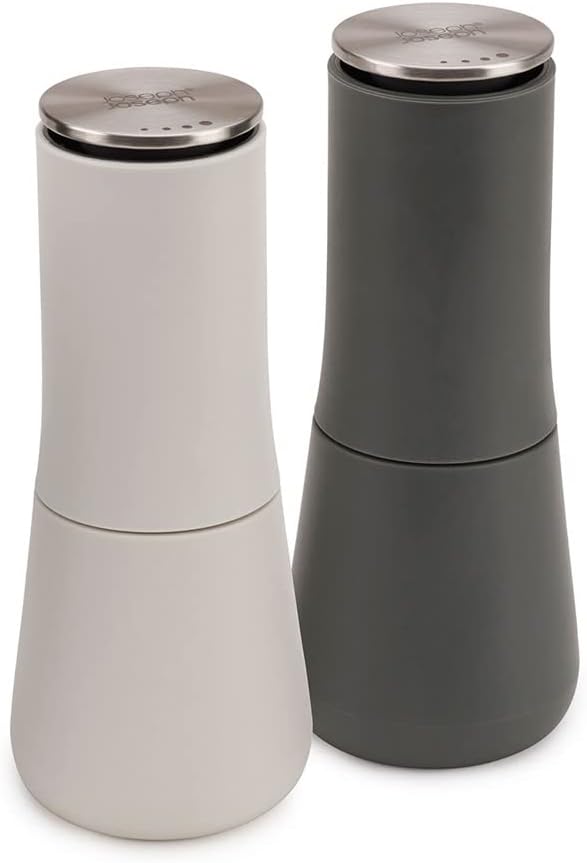 Joseph Joseph Milltop Krümelfreies Salz- und Pfeffermühlen-Set, 16,9cm, Grau- Weiss Grau Paar, Grau